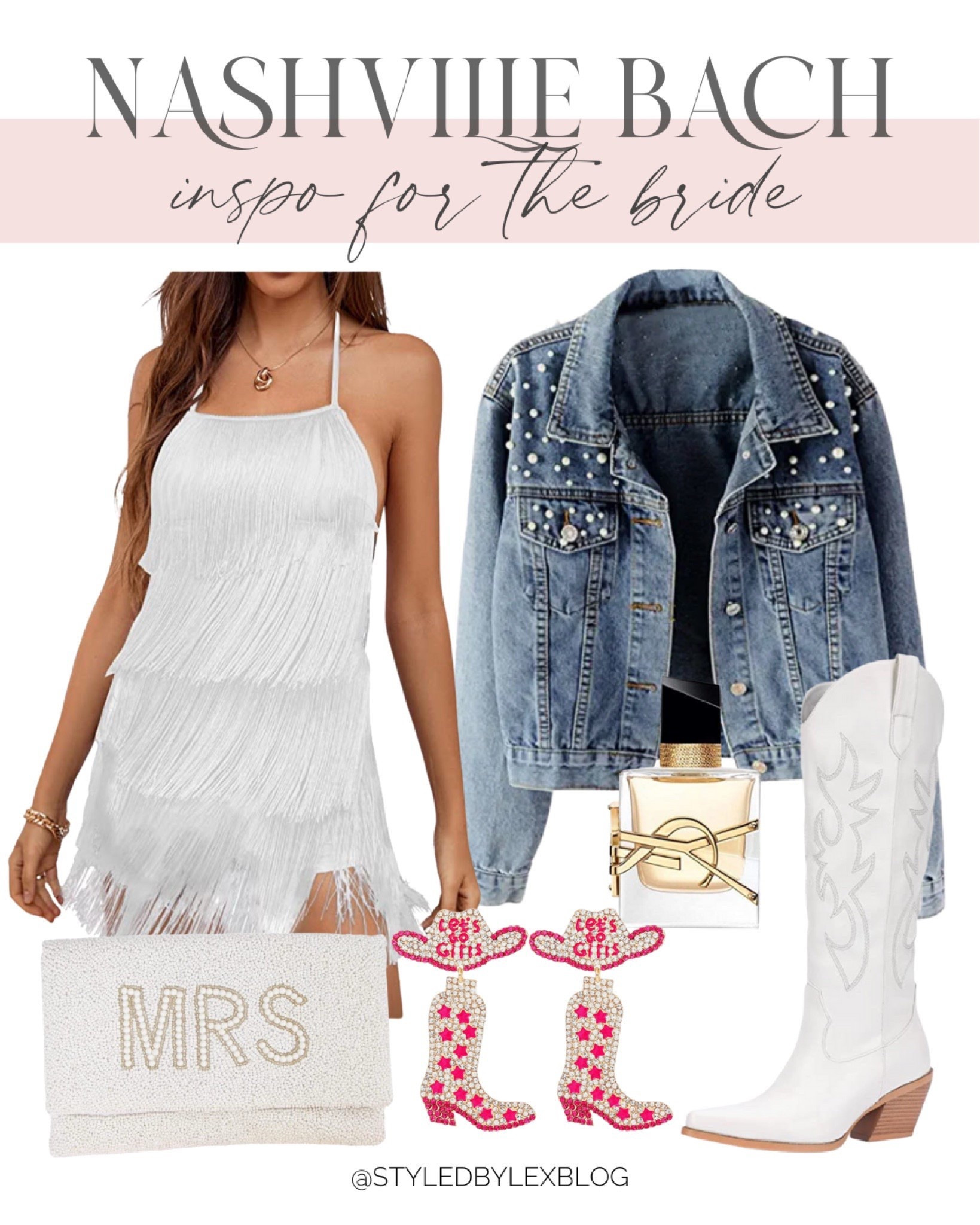 Nashville bachelorette outfit ideas for the bride! Items include a white fringe dress, a denim Jean jacket, a mrs clutch, a pair of Nashville earrings, YSL perfume, and white cowgirl boots. 

Amazon finds, Amazon bachelorette finds, Nashville bachelorette outfit inspo, bride to be inspo, bride finds, white romper finds. 

#LTKstyletip #LTKwedding #LTKunder100



#LTKFindsUnder100 #LTKSeasonal #LTKWedding