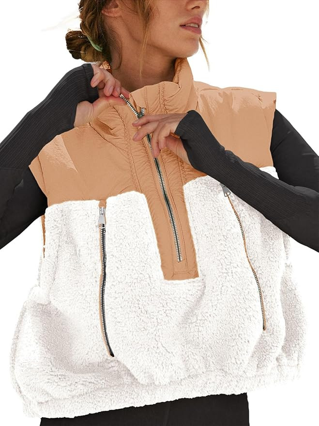 Tankaneo Womens Cropped Vests Outerwear Color Block Half Zipper Fleece Sherpa Sleeveless Winter C... | Amazon (US)