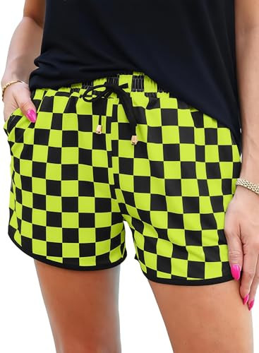 IWOLLENCE Checkered Shorts for Women Elastic Waist Casual Summer Plaid Gingham Short Pants Teen Girls Y2K Preppy Lounge Boxer Bottoms with Pockets and Drawstring Black Fluorescent Yellow, 2XL | Amazon (US)