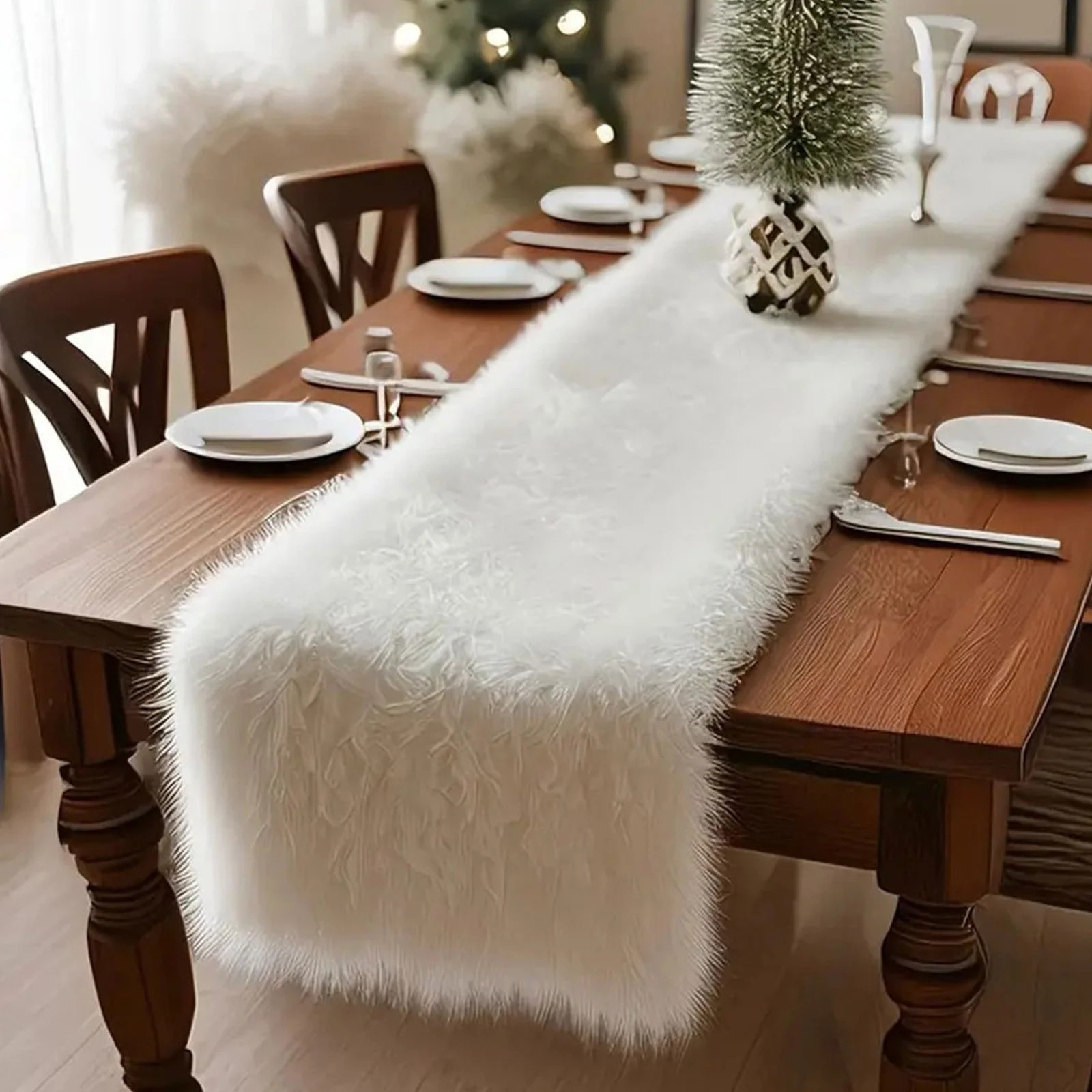 Christmas Table Runner, 14 x 71 inch White Faux Fur Table Runner for Home Decorations, Winter Chr... | Walmart (US)