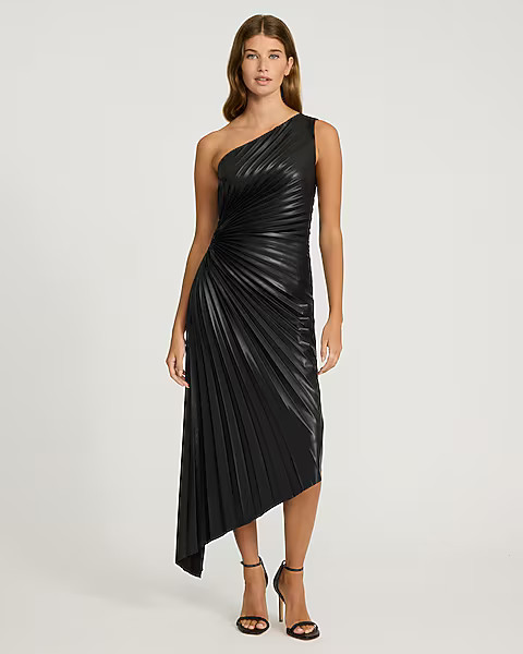 Faux Leather One Shoulder Pleated Cutout Asymmetrical Midi Dress | Express