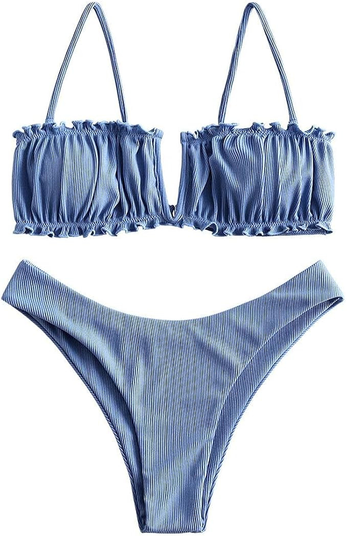 ZAFUL Womens Ruched Bandeau Bikini Set High Cut Swimwear Lace up Padded Swimsuits 2 Pieces Bathin... | Amazon (US)