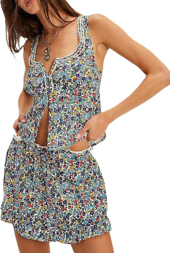 Women Floral 2 Piece Mini Skirt Set Ruffle Hem Smocked Tank Top High Waisted Flowy Mini Skirts Be... | Amazon (US)