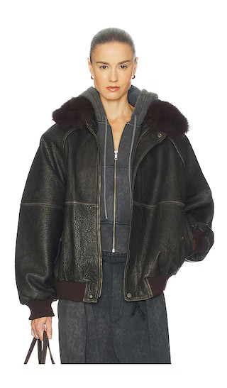 The Oversized Leather Bomber With Faux Fur Collar in Black | Revolve Clothing (Global)