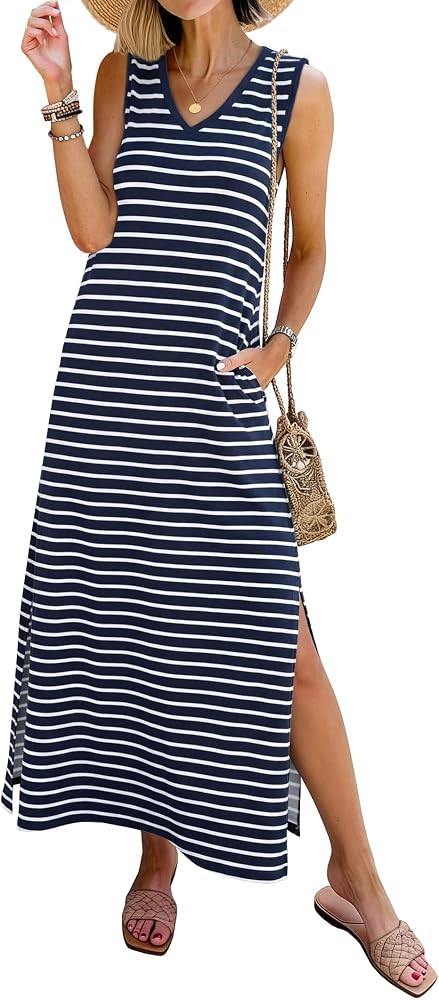 ANRABESS Womens Summer Casual V Neck Sleeveless Tank Maxi Dress Split Wrinkle-Free Beach Vacation... | Amazon (US)