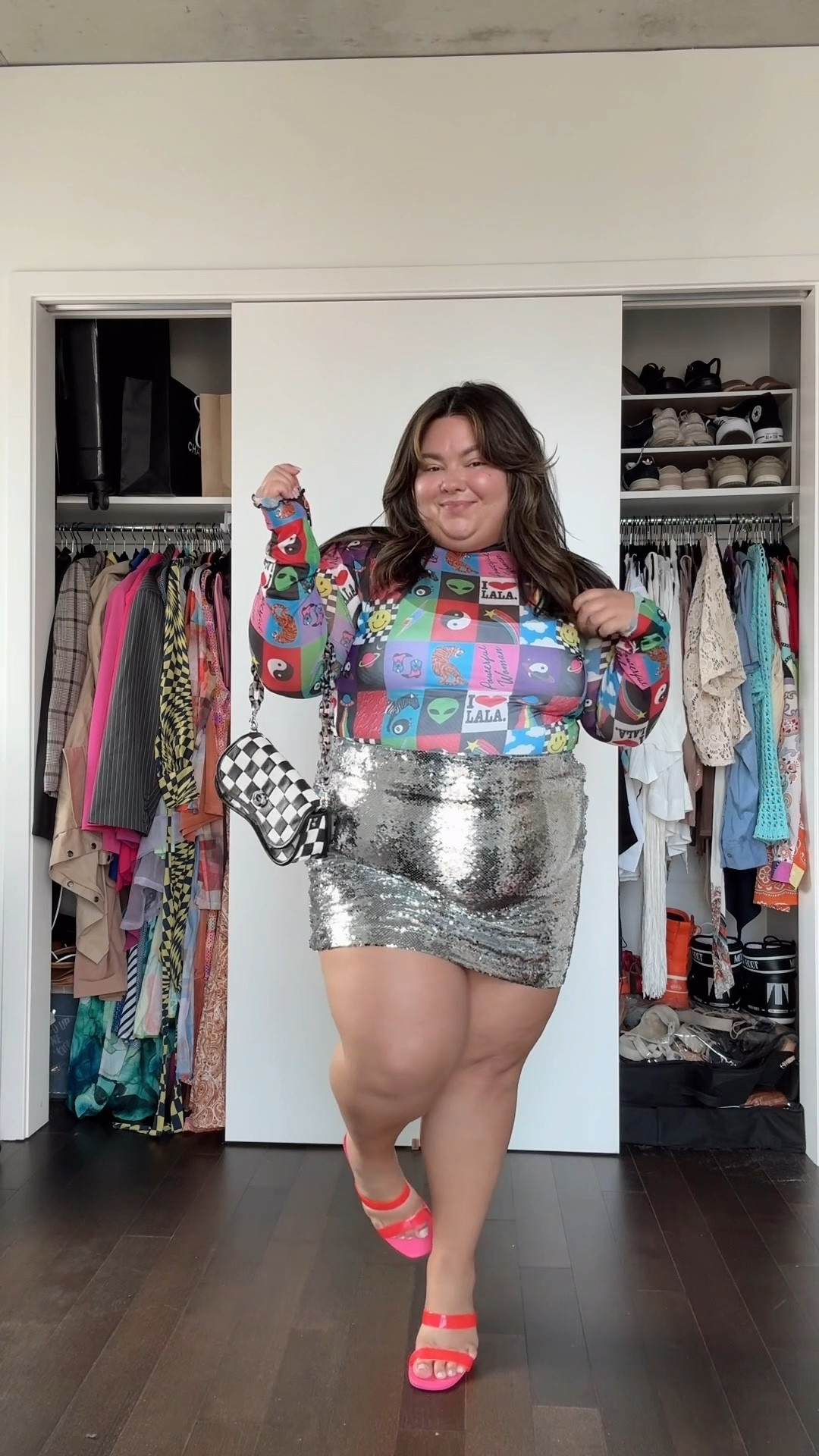 Plus size party outfit 
Plus size sequin mini skirt size 2X from Amazon the Drop
Mesh long sleeve is from Dressed in LaLa (can’t link here) 
Coachtopia wavy dinky bag 
Wide fit heels from Lane Bryant 
Plus size boxers from Old Navy size 3X 
White brami top from Klassy Network size 3X

#LTKPlusSize #LTKMidsize #LTKVideo