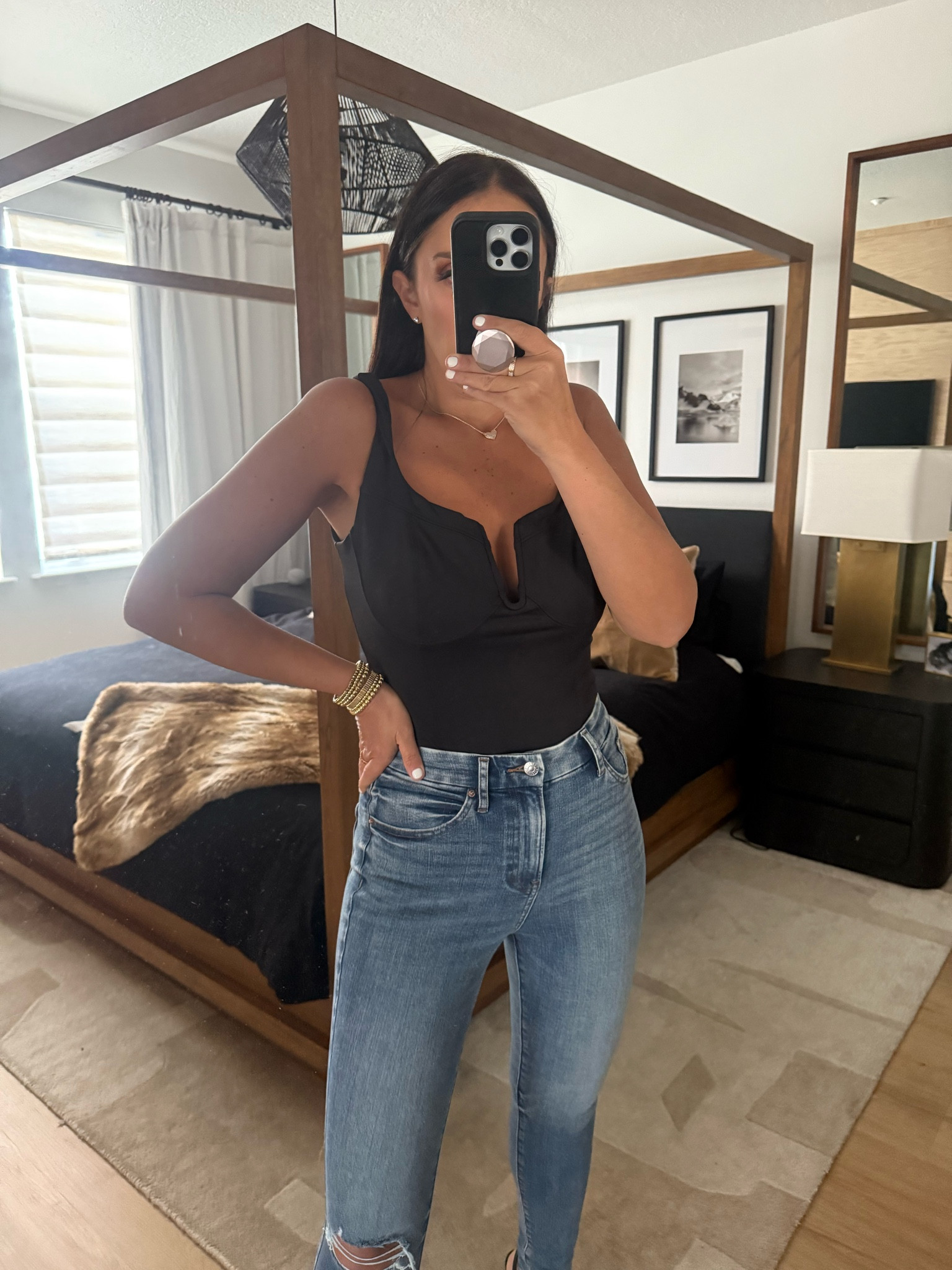 Body Contour High Compression V-Wire Bustier Bodysuit wearing size medium. Mid Rise Dark Wash Ripped Hem Skinny - wearing size 4. High Waisted Light Wash FlexX Ripped Skinny Jeans wearing size small. 