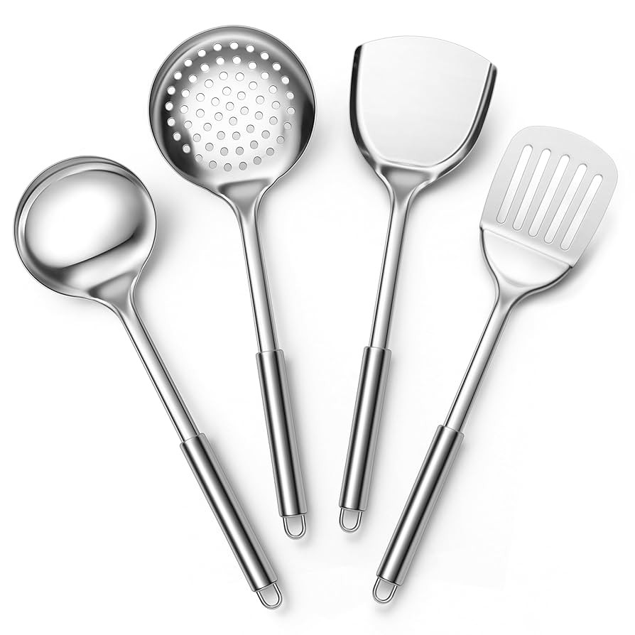 E-far Stainless Steel Cooking Utensils, 4-Piece Heat Resistant Kitchen Utensils Set, Non-toxic Me... | Amazon (US)