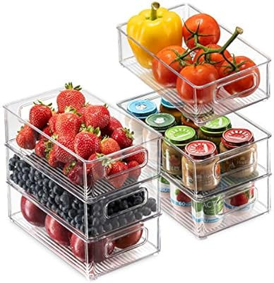 Set Of 6 Refrigerator Organizer Bins - Stackable Fridge Organizers with Cutout Handles for Freeze... | Amazon (US)