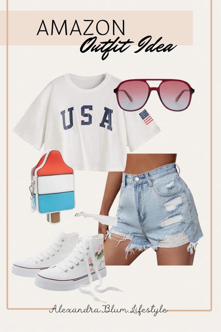 Amazon Outfit Idea for the 4th of July! Cropped USA tshirt, high waisted jean shorts, flower high tops, and red aviator sunglasses! 

#LTKStyleTip #LTKSeasonal #LTKFindsUnder50