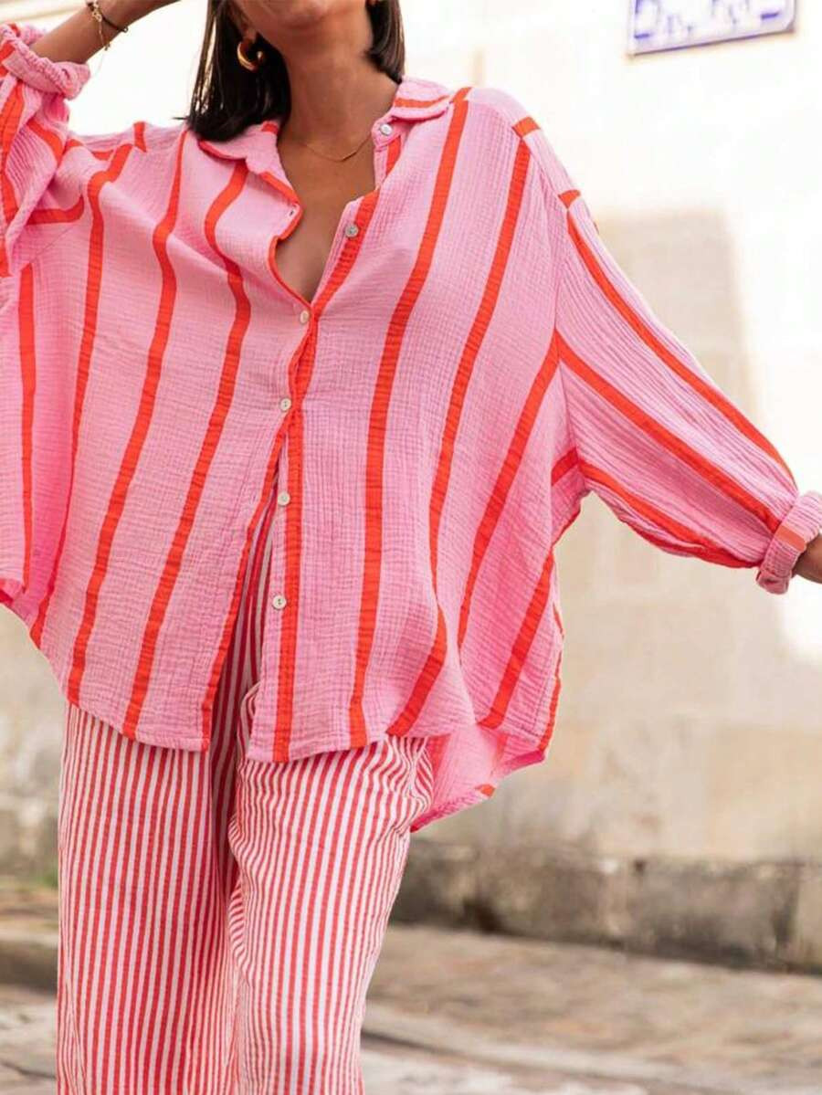 Women's Pink Stripe Loose Blouse, Elegant Casual Top Suitable For Commuting, Daily Wear, Valentin... | SHEIN