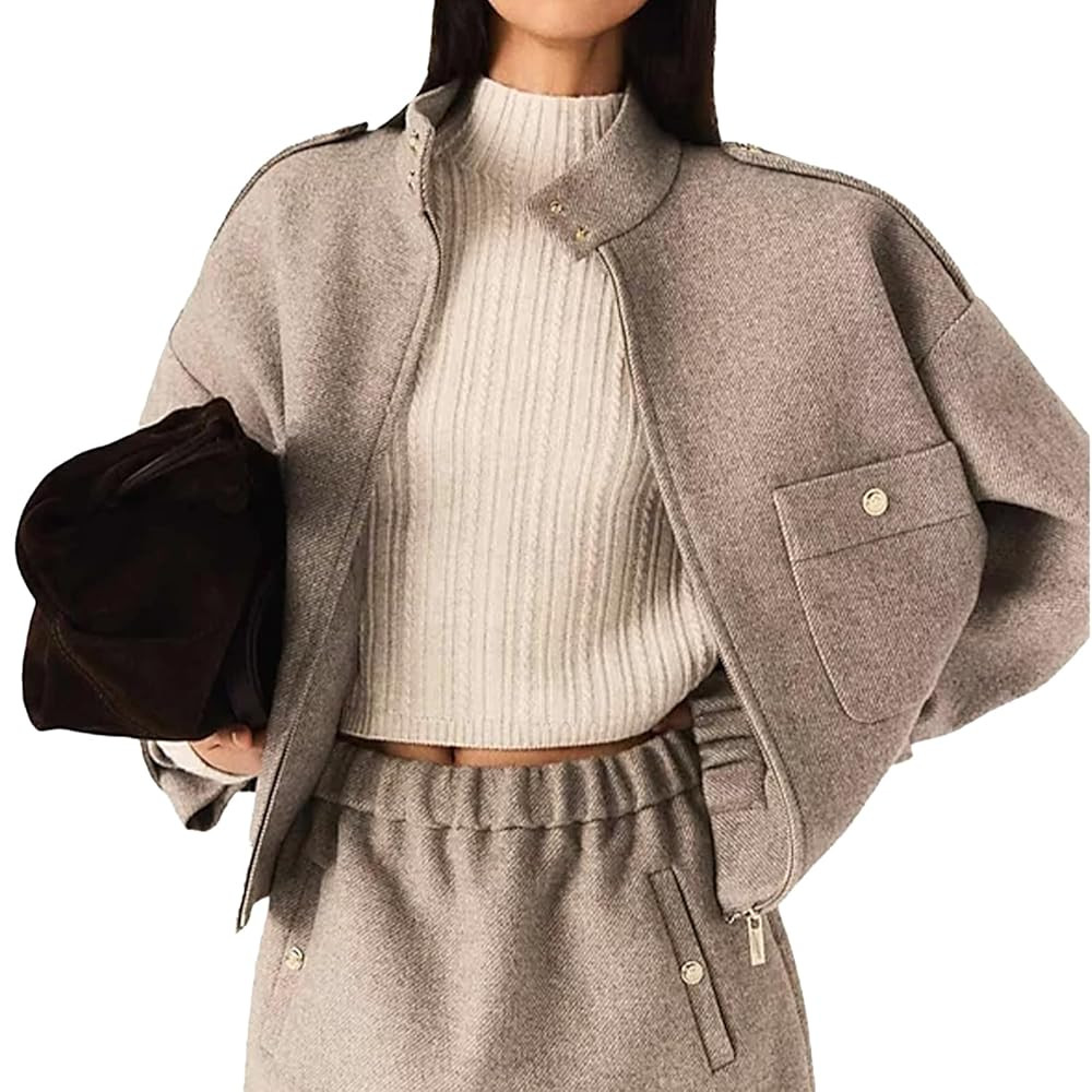 Women's Cropped Jacket Wool Blend Stand Collar Zip-Up Outerwear with Utility Pocket Casual Chic C... | Amazon (US)