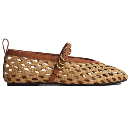 Woven Mesh Ballet Flats for Women Comfortable Raffia Metal Buckle Strap Ballet Flats Casual Closed Toe Mary Jane Flat | Amazon (US)