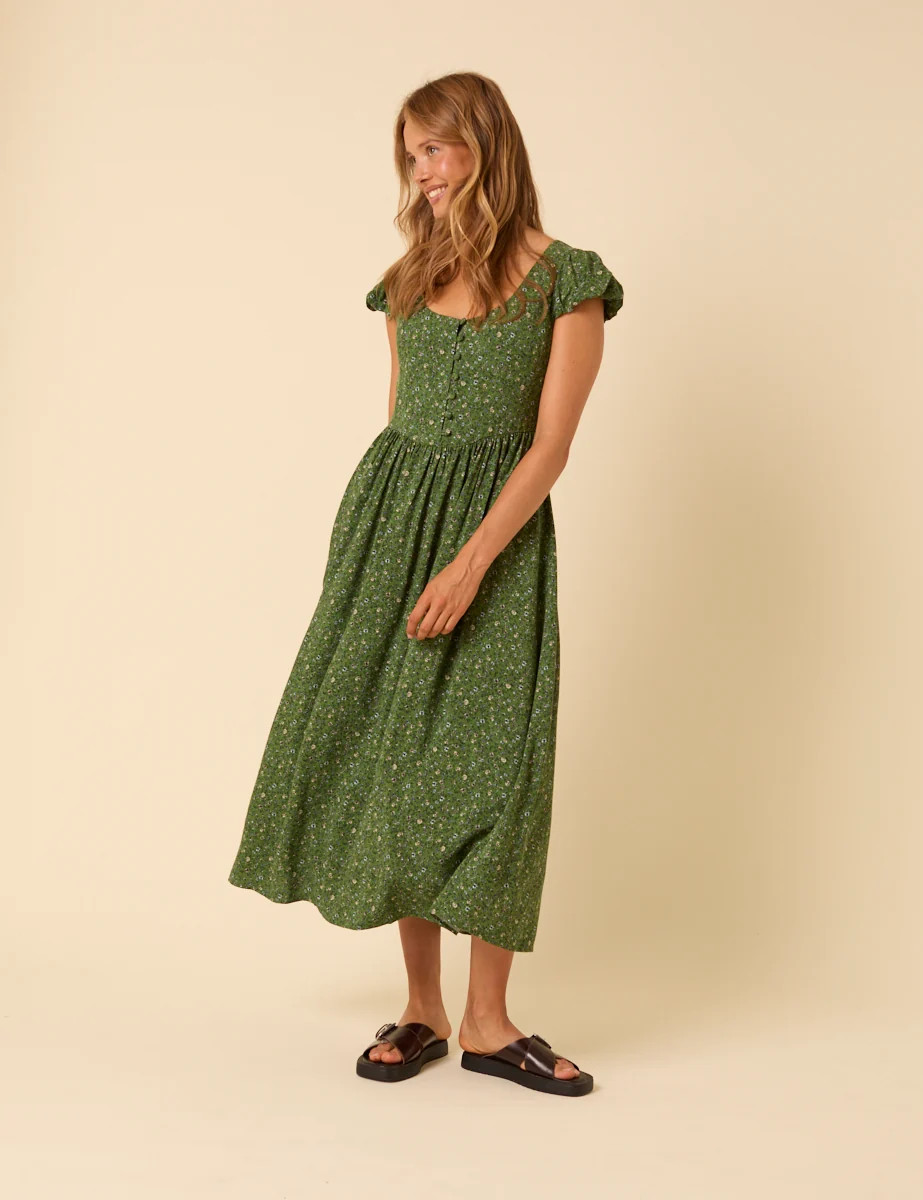 Green Ditsy Floral Puff Sleeve Cora Midi Dress | Nobody's Child
