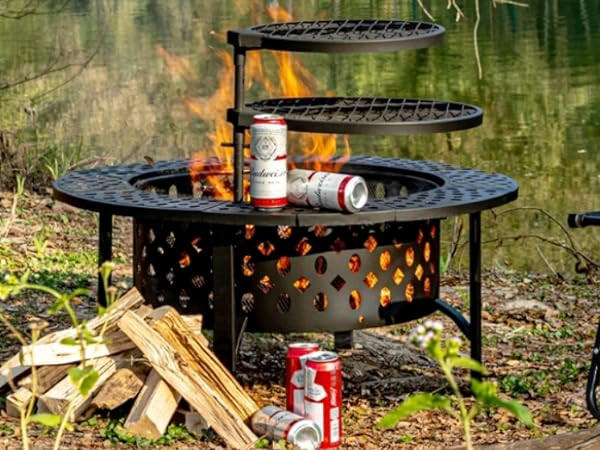 36 Inch Fire Pit with 2 Grills, Wood Burning Fire Pits for Outside with Lid, Poker and Round Waterproof Cover, BBQ& Outdoor Firepit & Round Metal Table 3 in 1 for Patio, Picnic, Party | Amazon (US)