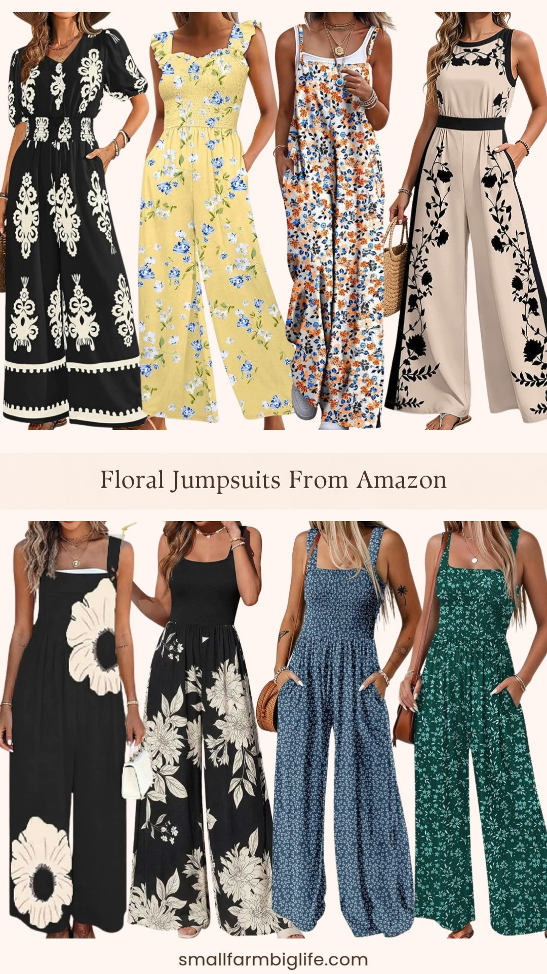 Floral jumpsuits are such an easy one and done summer outfit and Amazon has so many pretty styles right now at really great prices. I rounded up eight wide leg floral romper styles in black, blue, yellow, beige, green, and black and white prints, all with pockets and that relaxed boho fit that is so comfortable for beach vacations, cruises, and summer outings. The smocked and V neck styles dress up easily with wedges or sandals and the loose overall styles are perfect for a casual day out. Tap to shop! 

 #LTKgrwm #LTKootd #LTKOver40