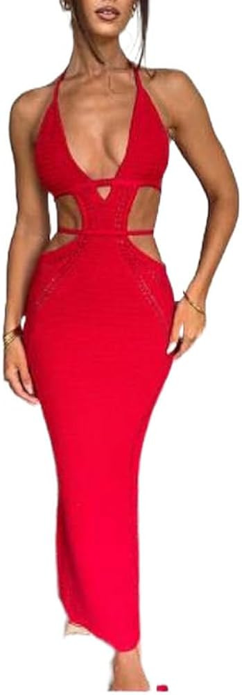 Women Crochet Cover Ups Maxi Dress Hollow Out Backless Long Beach Dress See Through Sexy Side Spl... | Amazon (US)