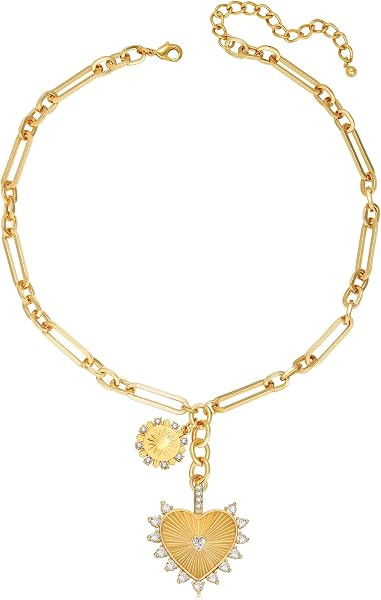 Chunky Gold Necklace for Women, 18K Waterproof Heart Necklace Statement Necklace Gold Charm Necklace Chunky Jewelry Paperclip Chain Choker Gift for Women | Amazon (US)