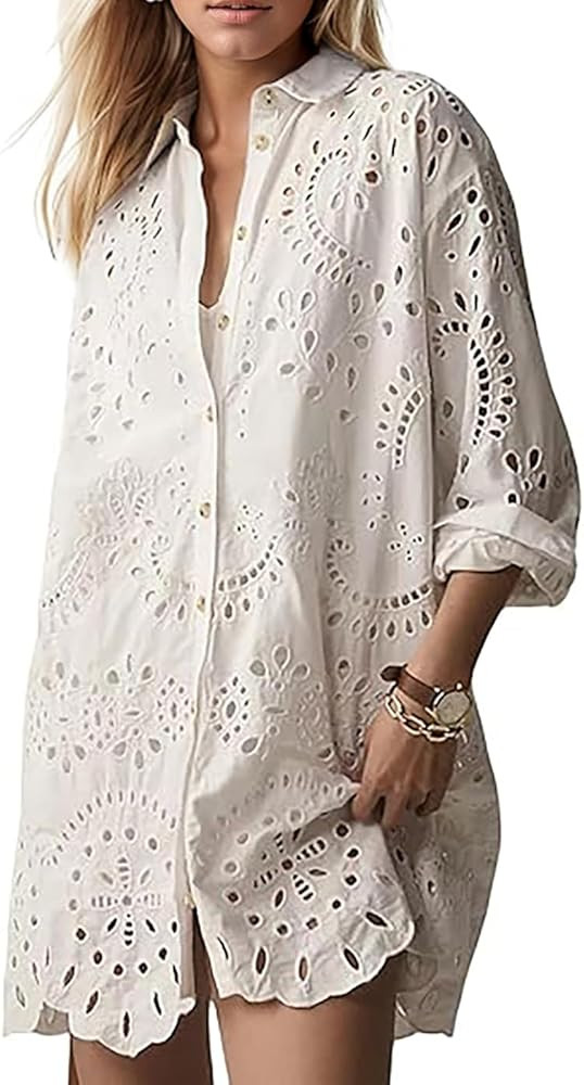 Women Hollow Out Eyelet Button Down Lapel V Neck Long Sleeve Ruffle Flowy Solid Oversized Loose M... | Amazon (US)