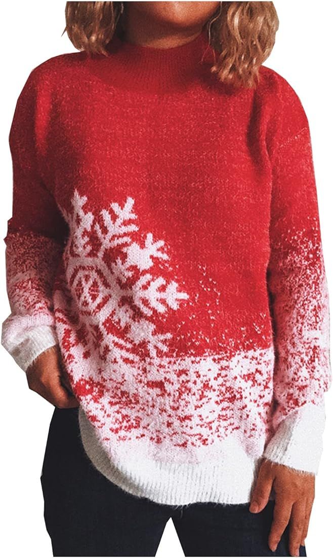 Womens Christmas Sweater Round Neck Long Sleeve Snowflake Print Casual Knitted Holiday Pullover Card | Amazon (US)