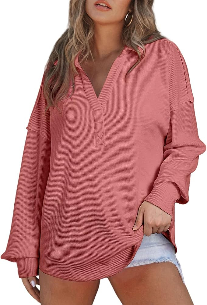 AlvaQ Womens Oversized Waffle Knit Sweatshirts Loose Long Sleeve Lapel Collared V Neck Pullover T... | Amazon (US)