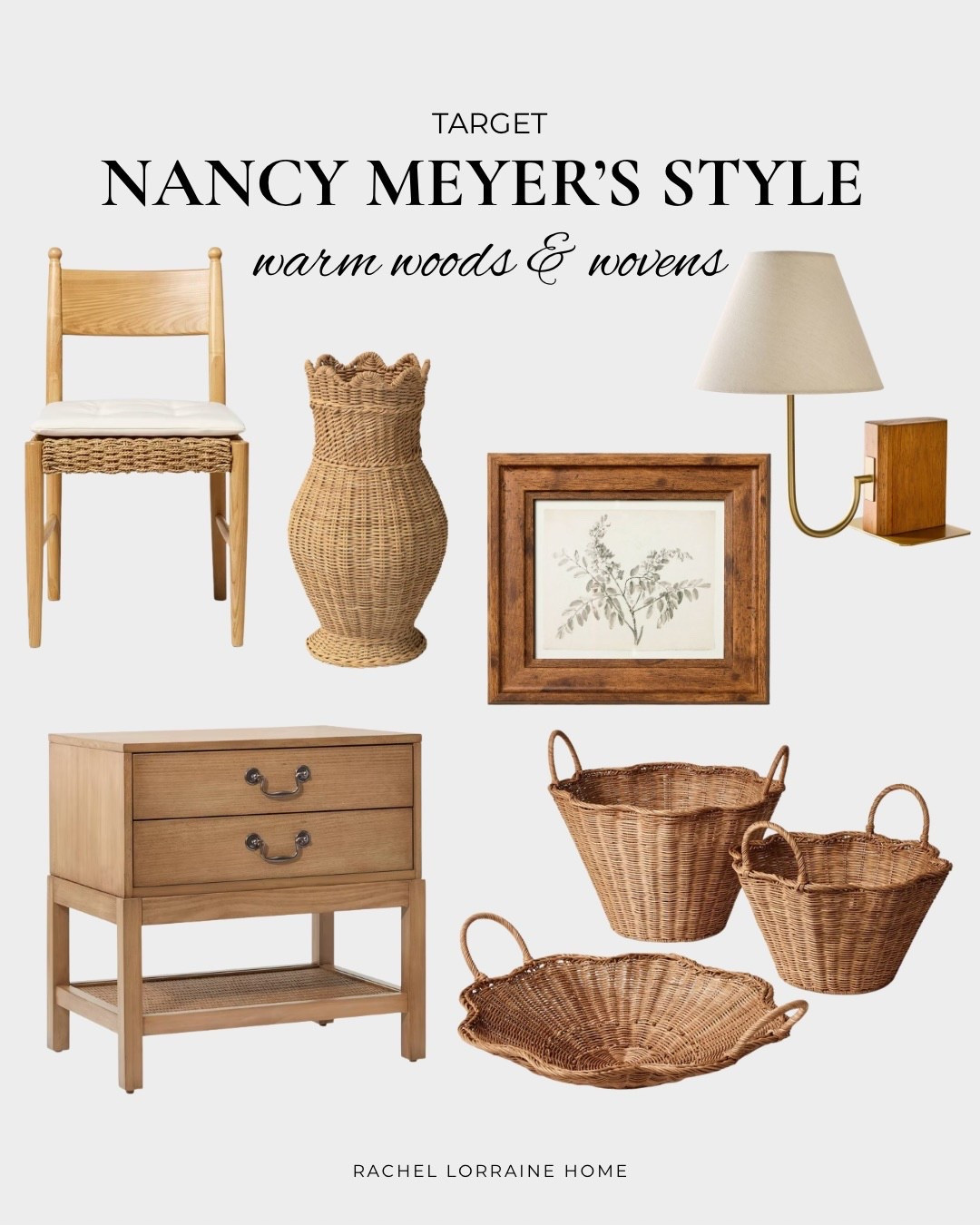 Warm woods, woven textures, and natural baskets from Target that add that cozy, coastal warmth you see so often in Nancy Meyers’ interiors. Her spaces always feel classic, welcoming, and well-loved—and these pieces bring in that same sense of warmth and organic texture that makes a home feel layered, relaxed, and lived in.

#LTKHome