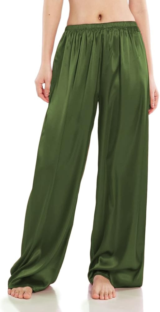 Wantschun Womens Wide Leg Pajama Pants Satin Silk Casual Loose Elastic Waist Lounge Pants Pj Bottoms | Amazon (US)