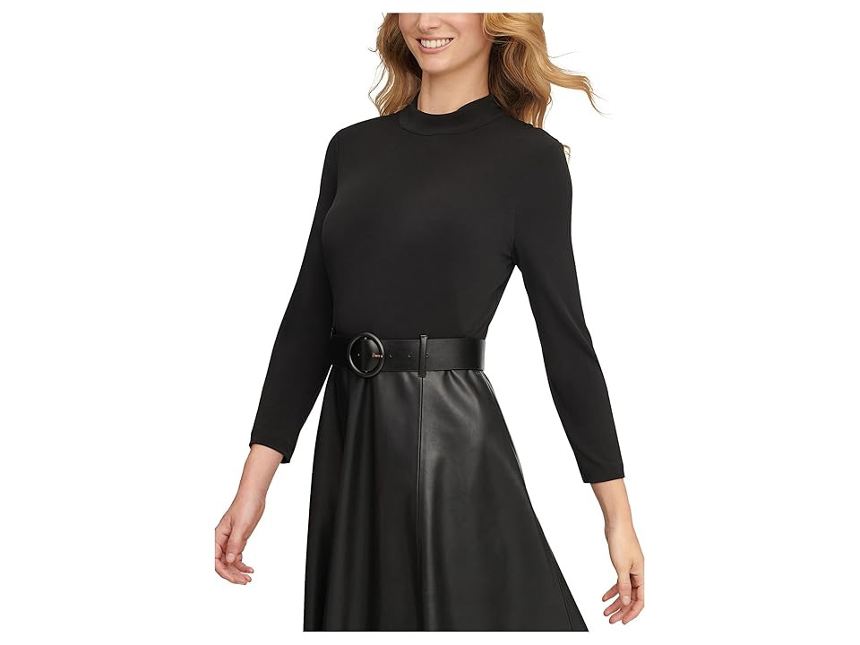 Calvin Klein Matte Jersey Pu Leather Belted Aline Combo Women's Dress Black/Black : 4, Polyester/Spandex | Zappos