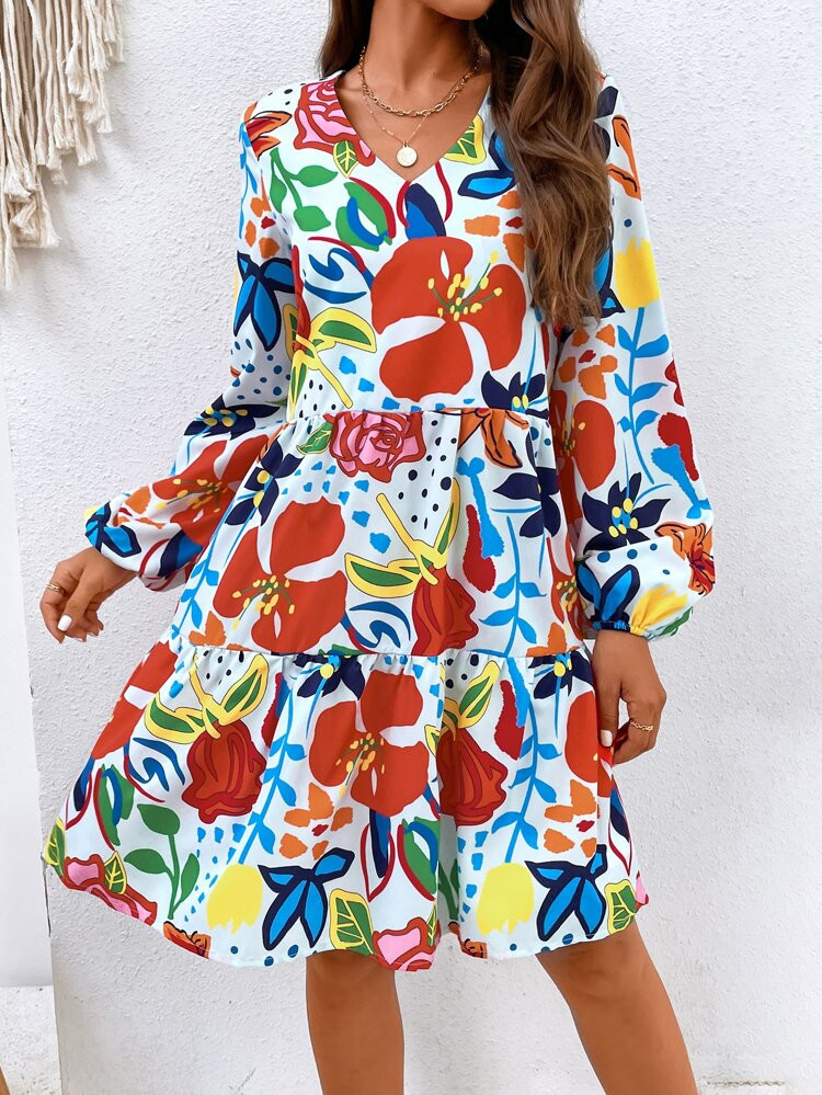 Allover Floral Print Lantern Sleeve Ruffle Hem Dress | SHEIN