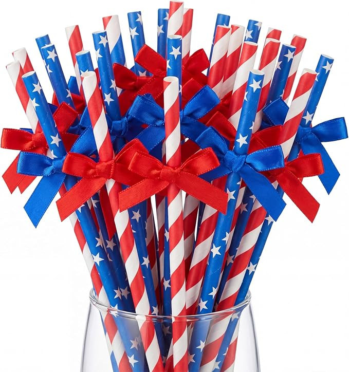 100 Pcs 4th of July Straws with Bow Patriotic Red White and Blue Striped Paper Disposable USA Dri... | Amazon (US)