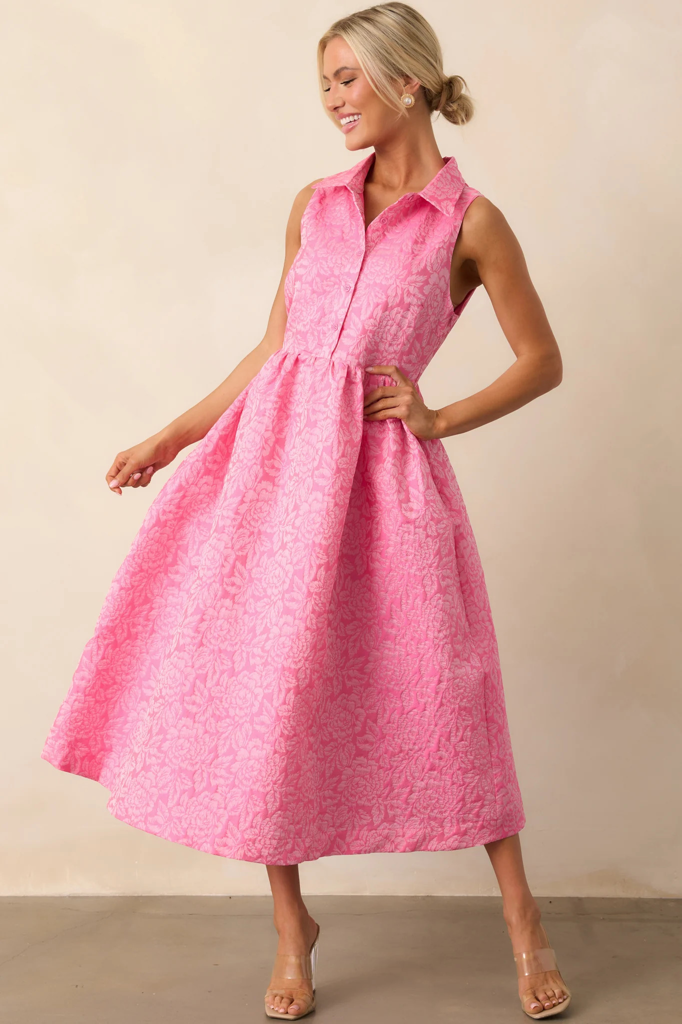 Said And Done Pink Floral Jacquard Midi Shirt Dress | Red Dress