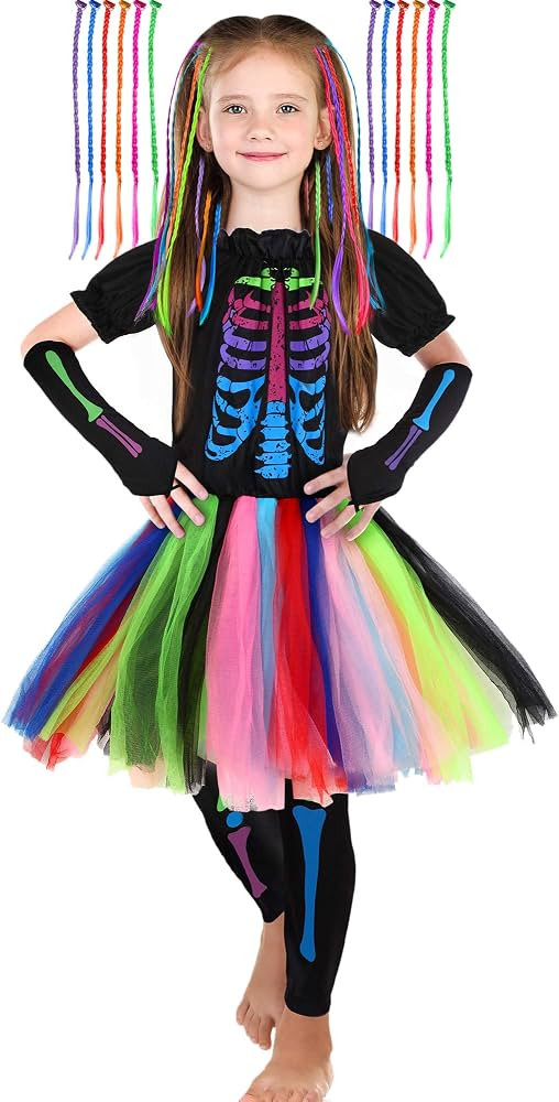 SATINIOR Girl's Funky Skeleton Bones Costume Set with 12 Pieces Hair Extensions for Halloween (S) | Amazon (US)