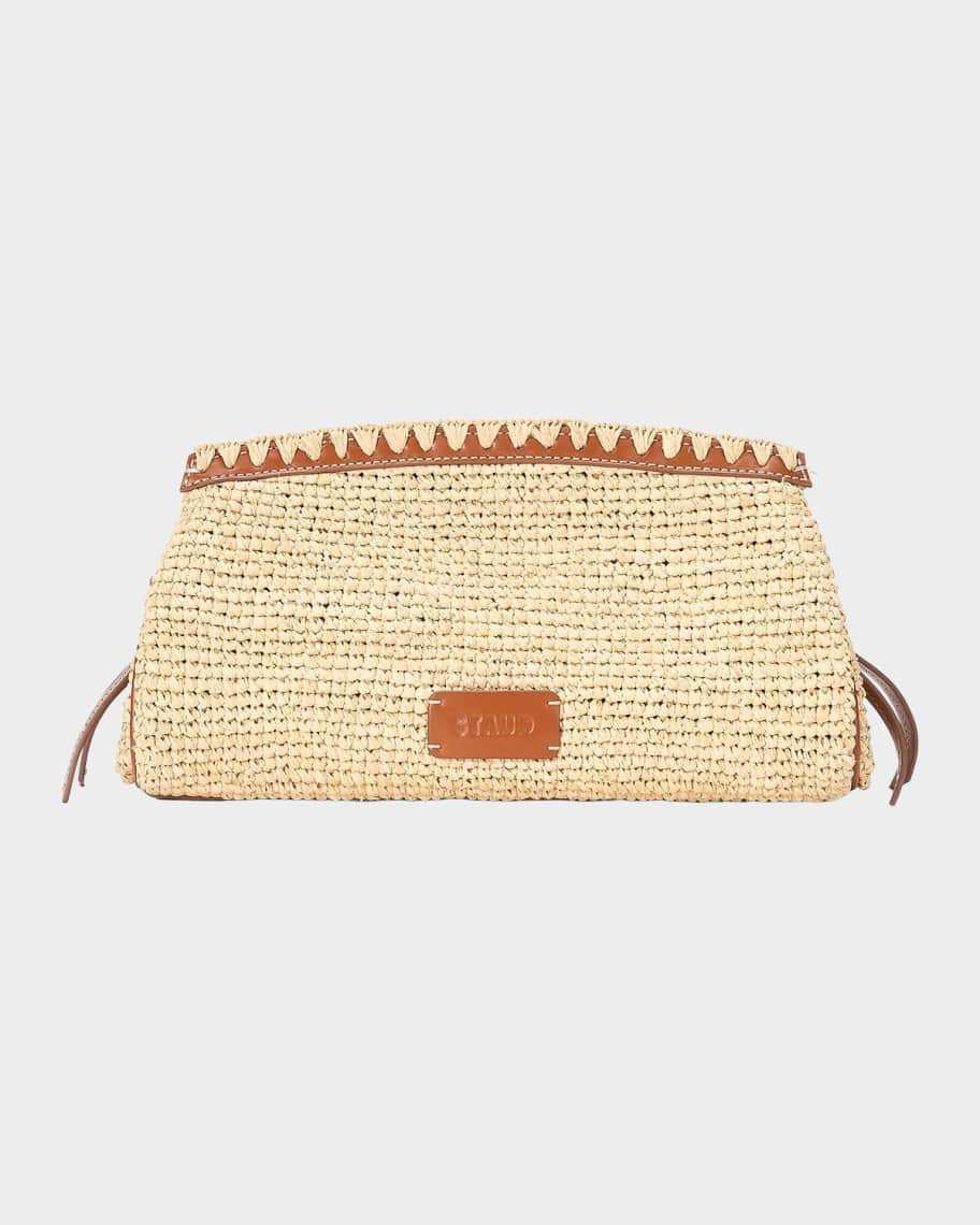 STAUD Maude Leather-Trim Raffia Clutch Bag | Neiman Marcus