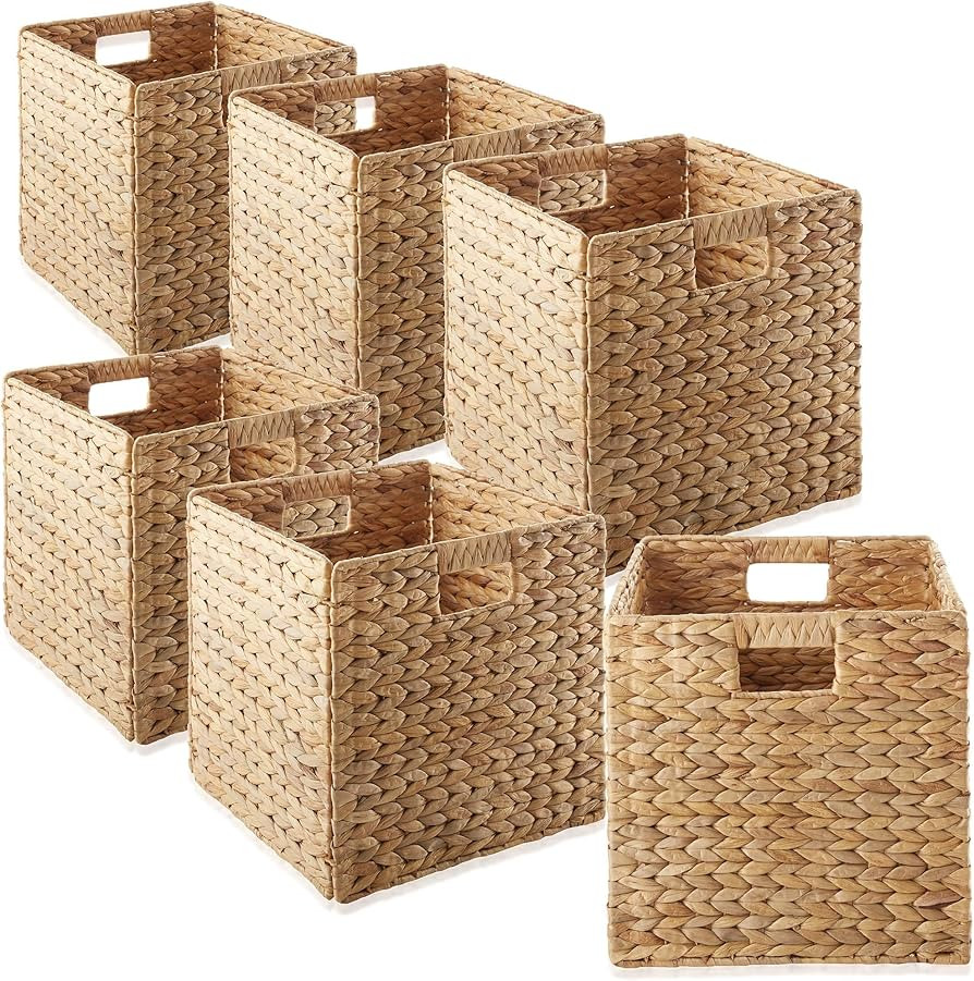 Casafield 13" x 13" Water Hyacinth Storage Baskets, Natural - Set of 6 Collapsible Cube Organizer... | Amazon (US)