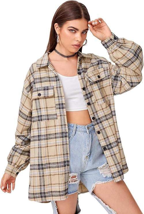 SweatyRocks Women's Long Sleeve Collar Long Button Down Plaid Shirt Blouse Tops | Amazon (US)