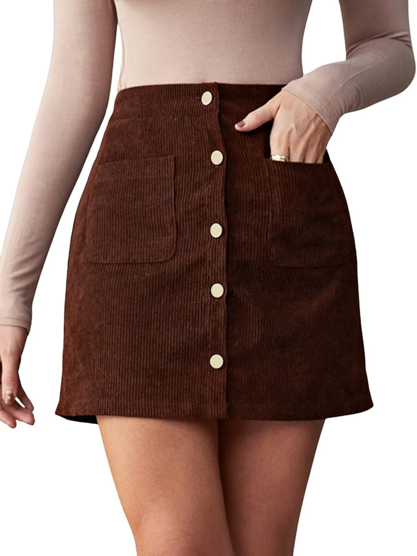 WDIRARA Women's Mid Waist Corduroy A-line Slim fit Button Casual Mini Skirt | Amazon (US)