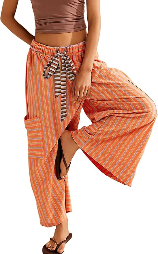 Bankeng Women Drawstring Striped Pants Loose Wide Leg Lounge Pants Casual Palazzo Pants Trousers ... | Amazon (US)