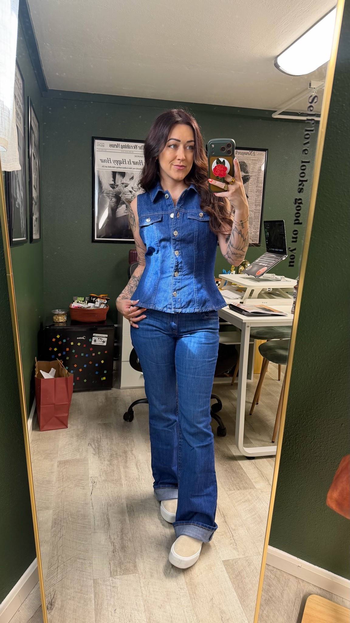 Denim peplum vest with low rise denim flare jeans and van beige platforms

#LTKdayinmylife #LTKSeasonal #LTKPetite