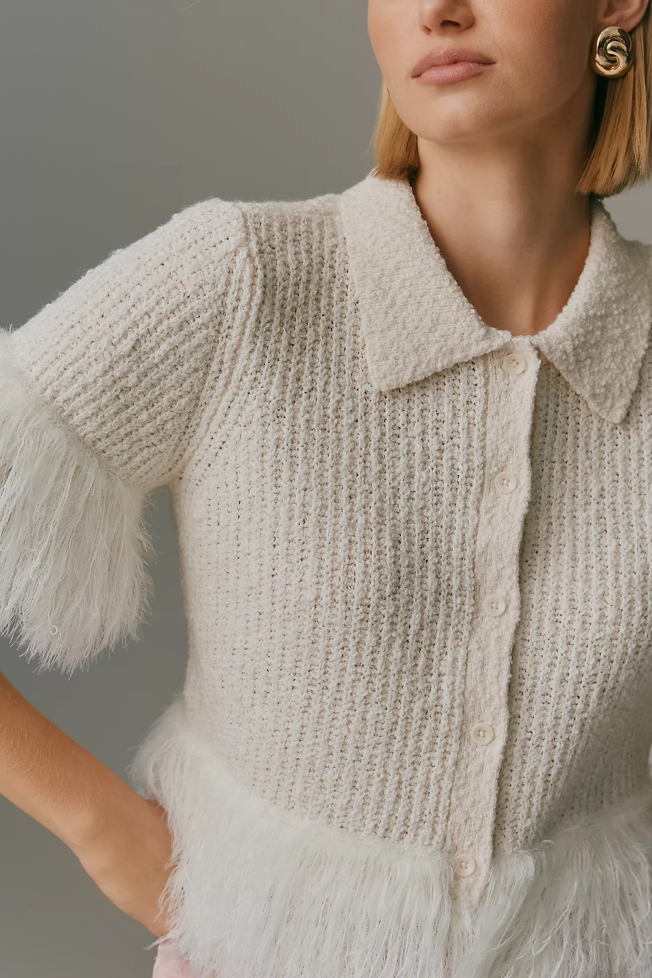 Pilcro Short-Sleeve Faux Feather Cardigan Sweater | Anthropologie (US)