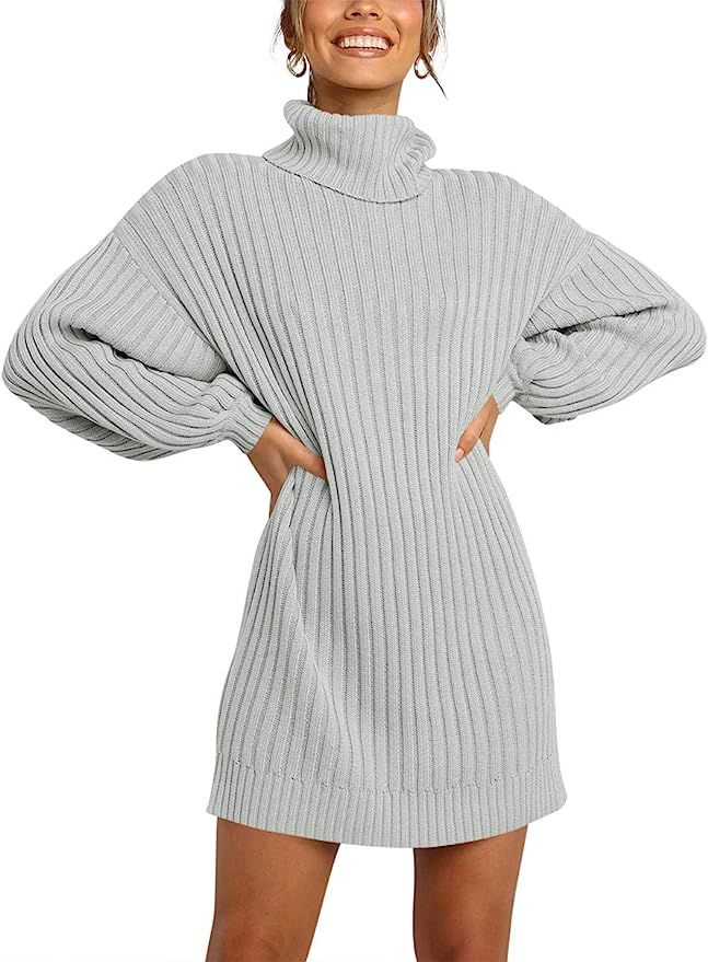 Prinbara Women Turtleneck Long Lantern Sleeve Casual Loose Oversized Sweater Dress Soft Winter Pu... | Amazon (US)