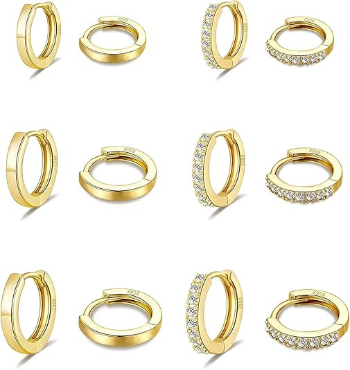 3 Pairs Huggie Hoop Earrings, 14K Gold Plated Sterling Silver Posts Chunky Hoop Earrings for Wome... | Amazon (US)