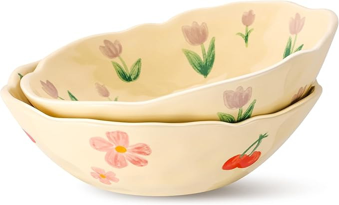 2 Pack Cute Fruit Bowl Ceramic Salad Bowls Pink Cherry and Purple Tulip Flower Bowl Kitchen Servi... | Amazon (US)