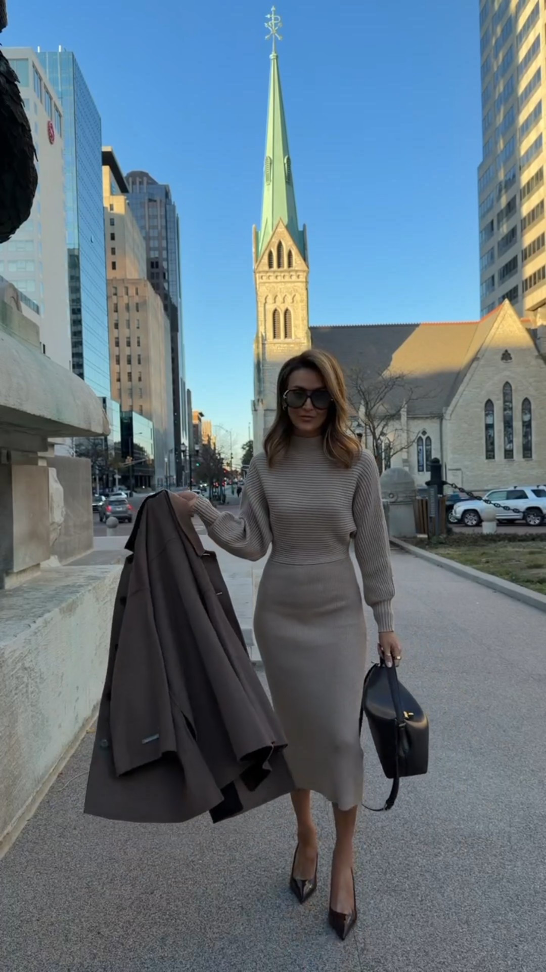 Holiday outfit idea🎄sweater dress brown leather bag and wool poncho coat and sling back pumps. 
Wool coat is on huge sale! 

#LTKSaleAlert #LTKHoliday #LTKCyberWeek