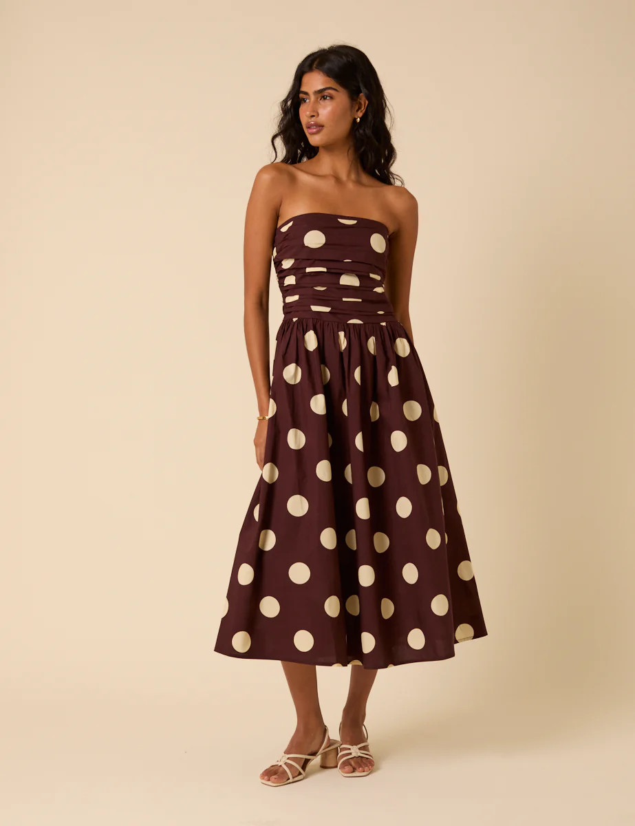 Brown Polka Dot Bandeau Felicity Midi Dress | Nobody's Child