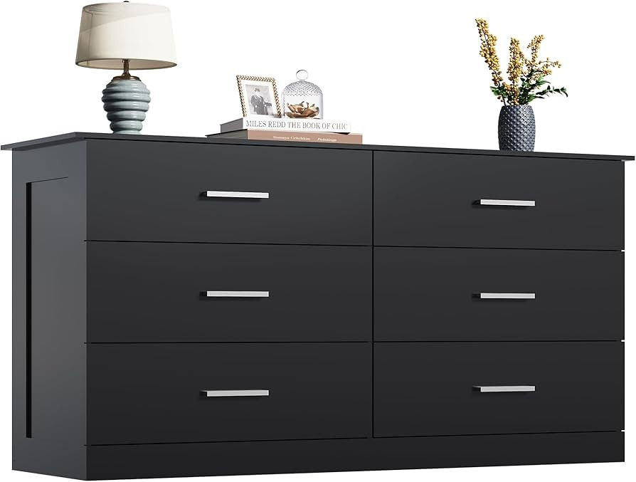 WLIVE Wood Dresser for Bedroom, Black 53'' Wide Chest of Drawers with 6 Drawer, Oak Furniture Lar... | Amazon (US)