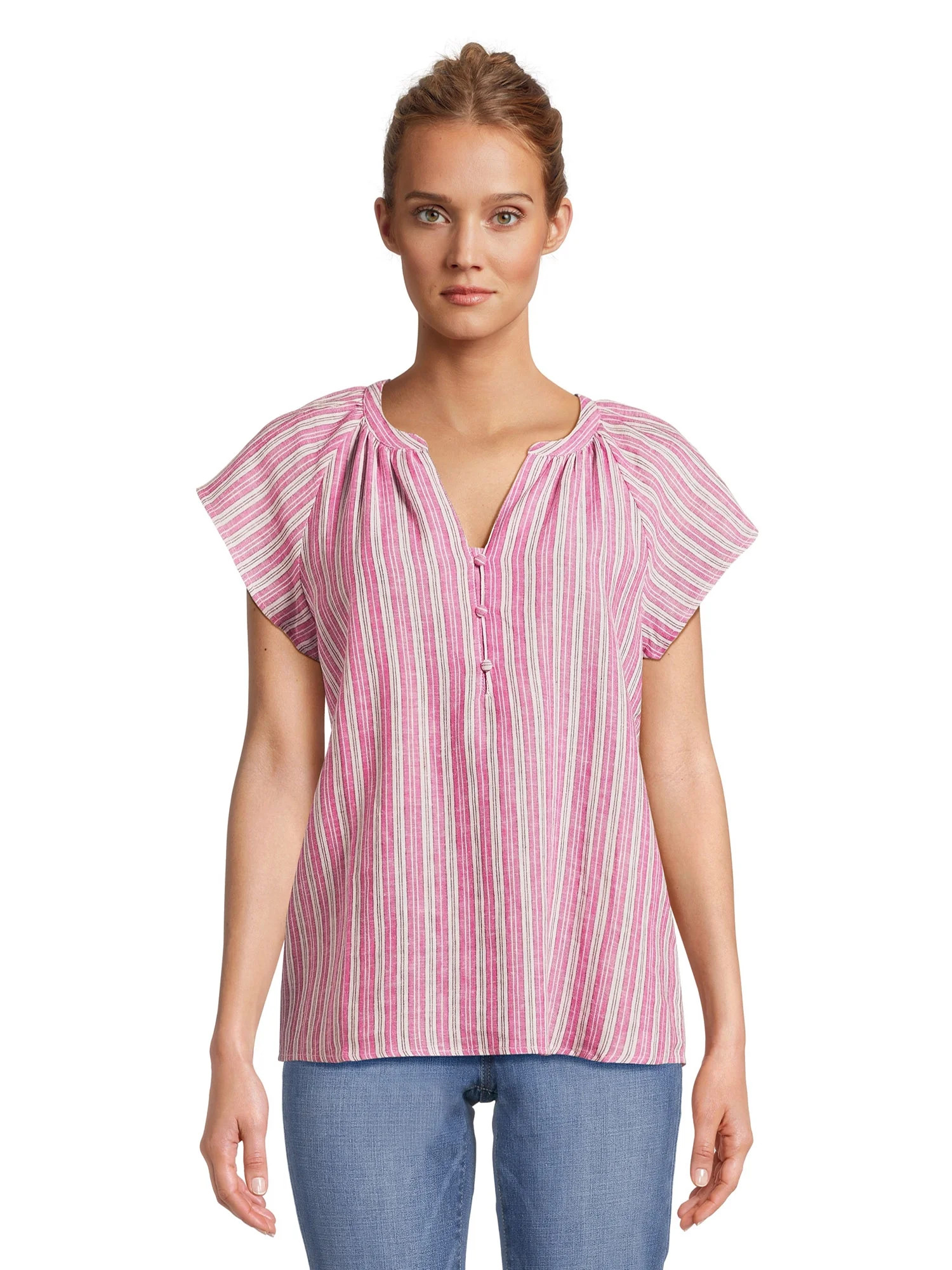 Time and Tru Women's Split Neck Top with Flutter Sleeves, Sizes XS-XXXL | Walmart (US)