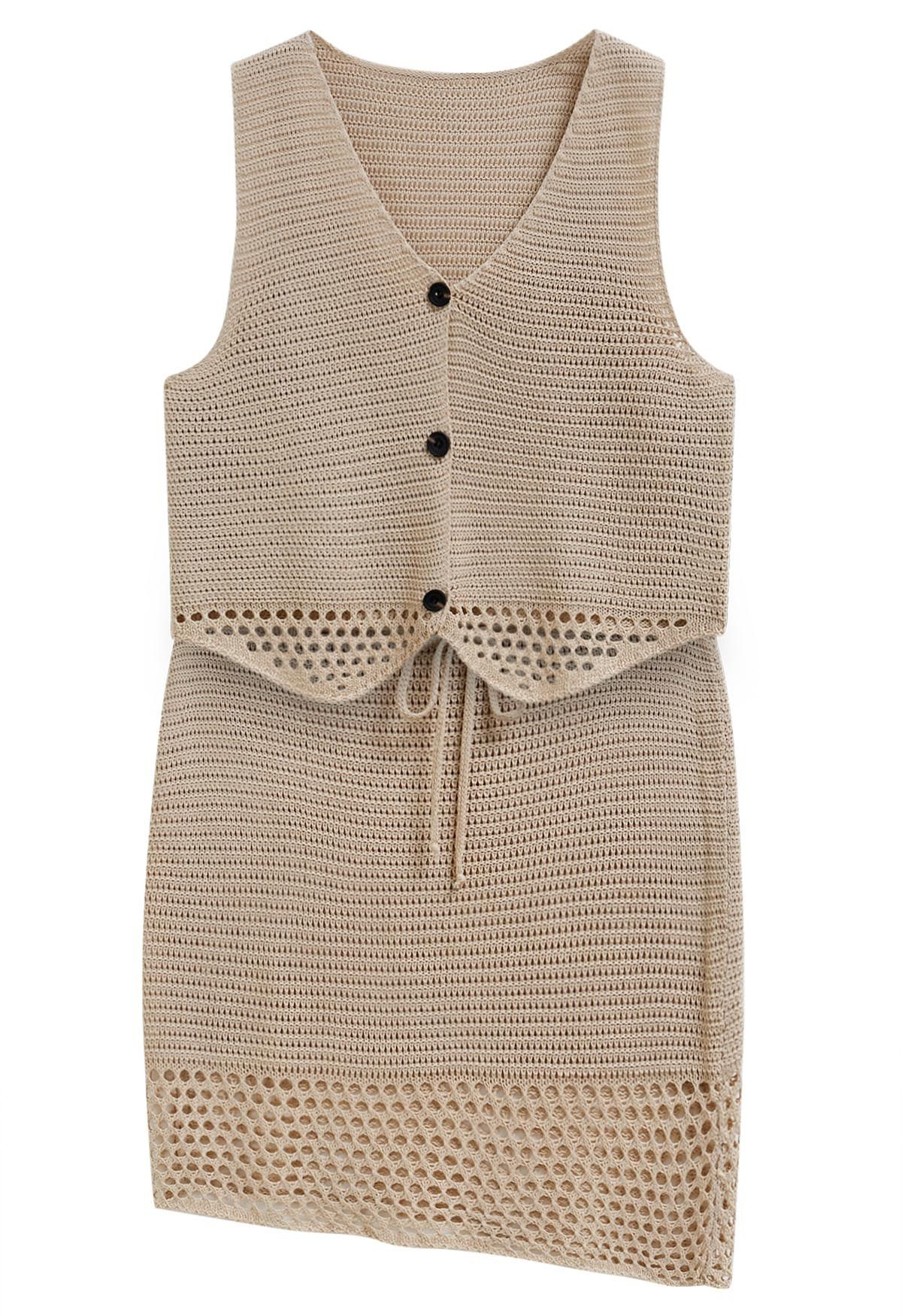 Openwork Crochet Buttoned Vest and Drawstring Skirt Set in Camel | Chicwish