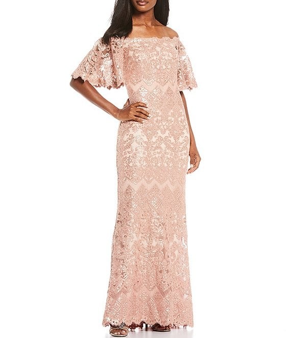 Off-the-Shoulder Short Flutter Sleeve Sequin Lace Scalloped Hem Gown | Dillard's