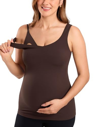 MOMANDA Maternity Nursing Tank Tops with Built in Bra Sleeveless Casual Pregnancy Tee V Neck Workout Shirt Hot Fudge Brown X-Large | Amazon (US)