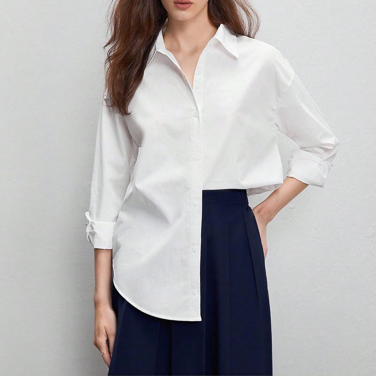 BizChic Women's White Solid Color Drop Shoulder Curved Hem Work Shirt, Women's Casual Button Down Long Sleeve Oversized Maxi White Drop Shoulder Shirt, Spring/Autumn, Professional/Business/Work White Button Down Long Sleeve Shirt, Fashion Commuter Open Front Blouse | SHEIN